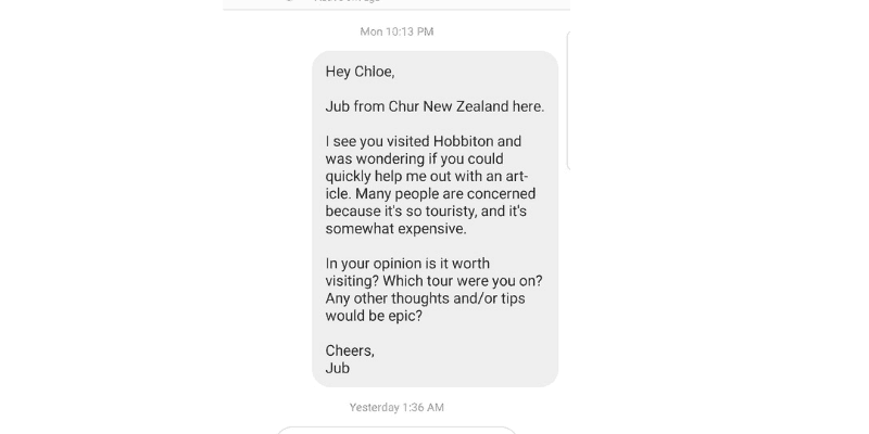 hobbiton instagram message