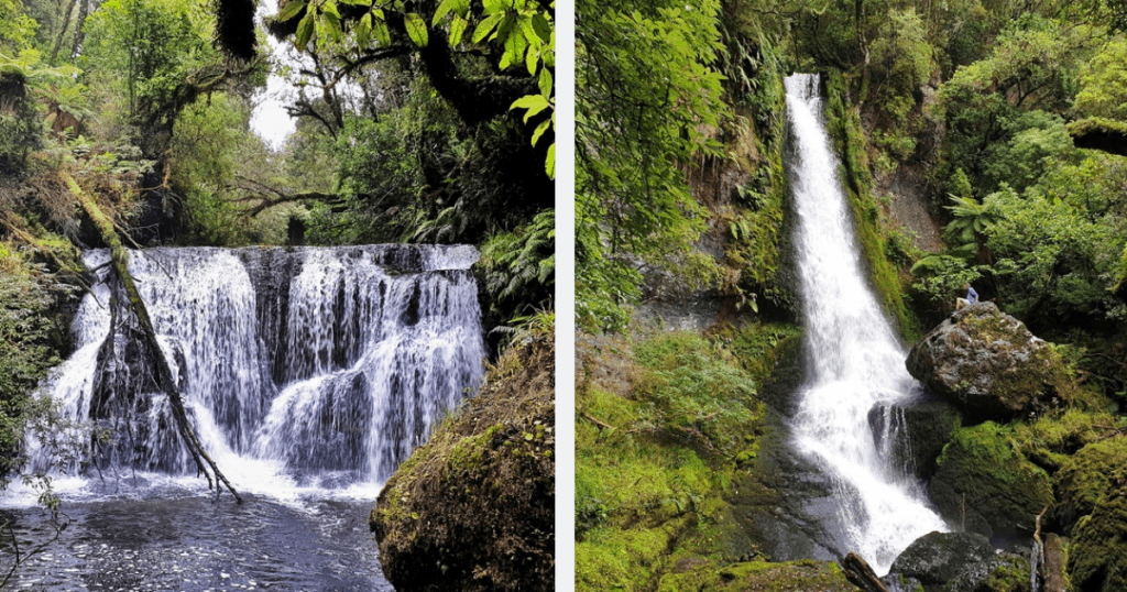 two waterfalls side by side in separate photos