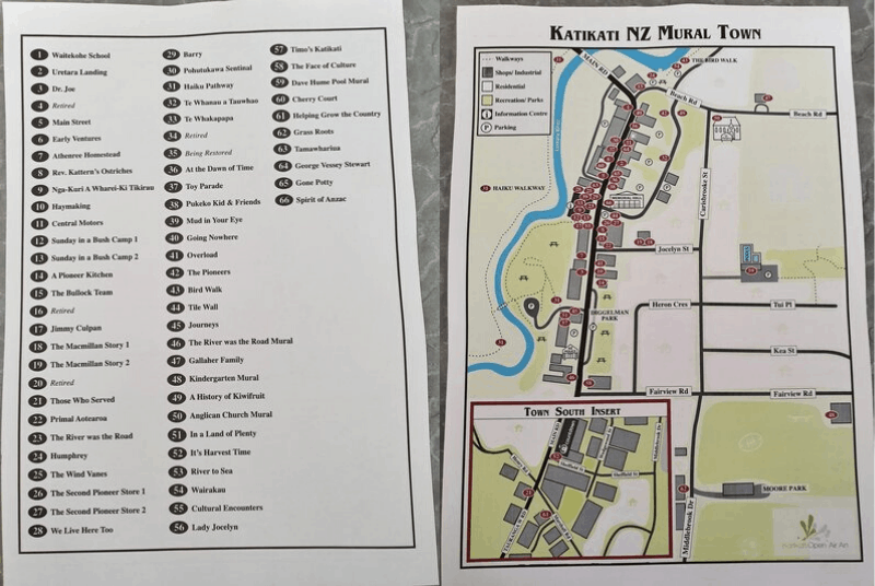 the list of names of the katikati sculptures and a map of their locations