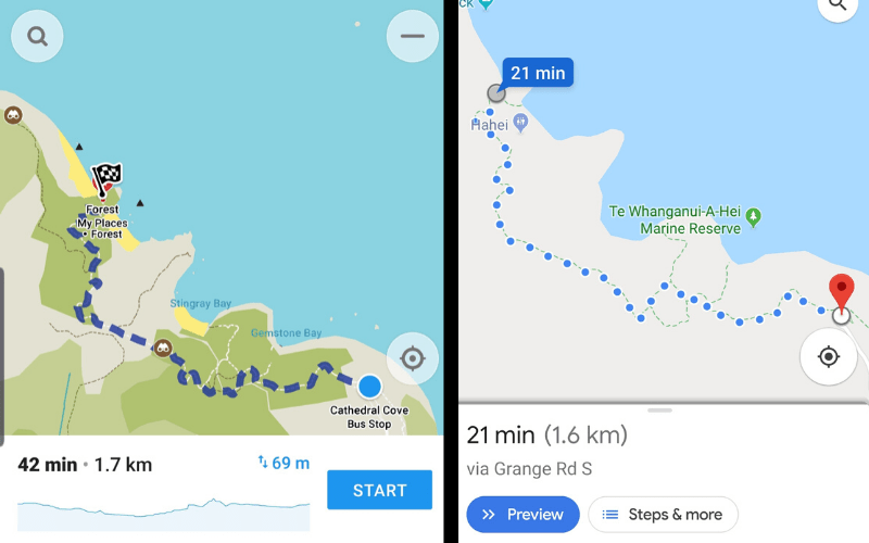google maps and maps.me maps of cathedral cove walking tracks
