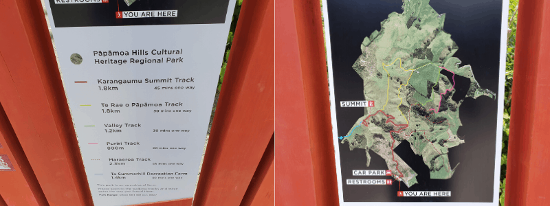 two sign posts next to each other with map information for papamoa hills