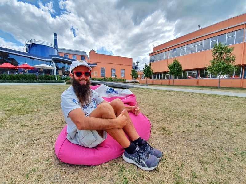 photo of me on a pink bean bag waiting for the chelsea sugar factory tours to start