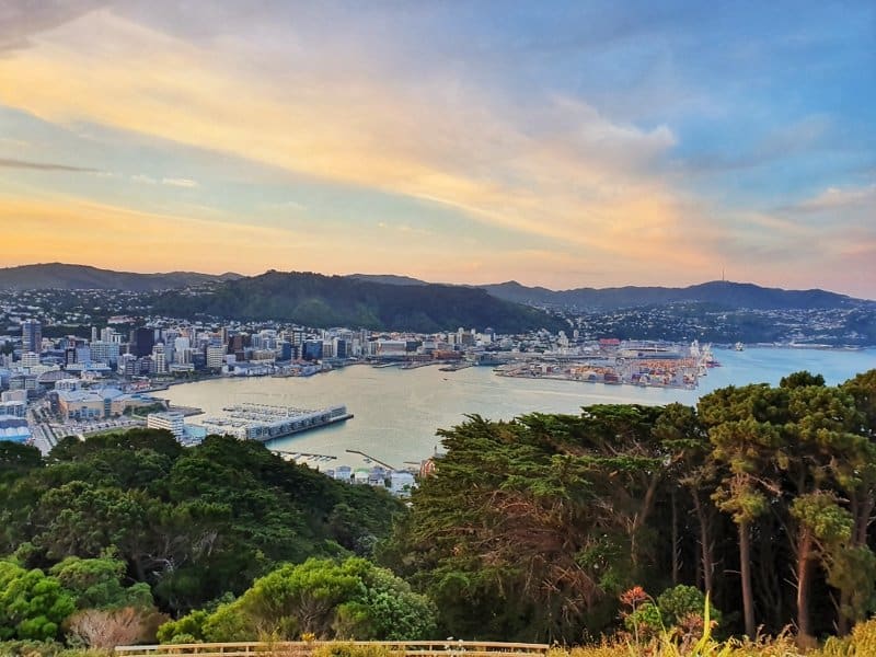 a sunset from the mount victoria lookout with a view of the wellington harbour and city