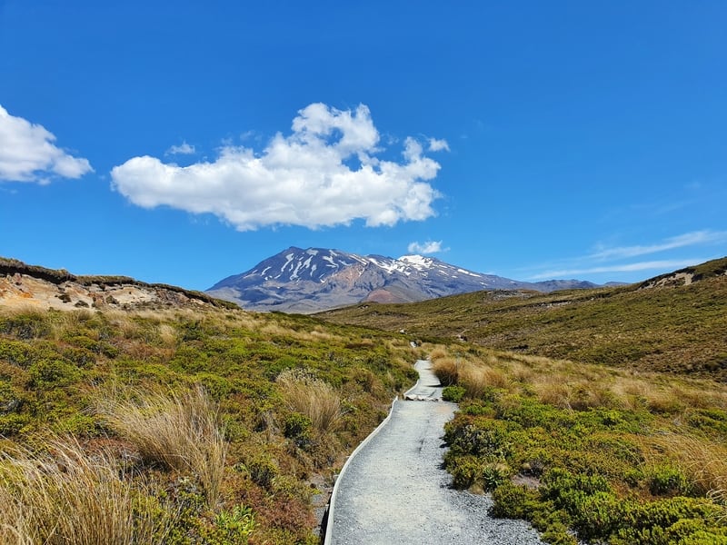 the track with ruapehu in the middle and a cute little cloud above it.
