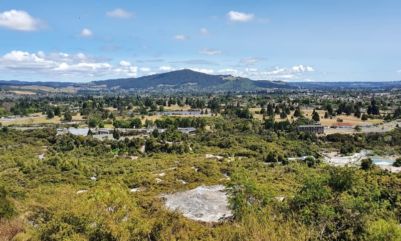 view of a mountain and thermal area of the Whaka lookout