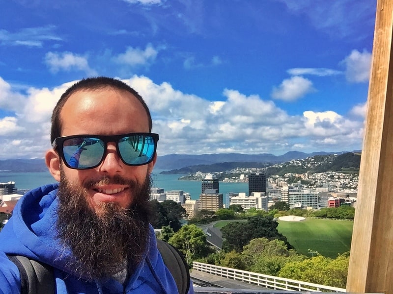 selfie at the top of the wellington cable car overlooking the city along the wellington city to sea walkway