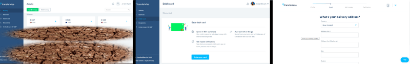 screenshots of the application process for a transferwise debit card for new zealanders