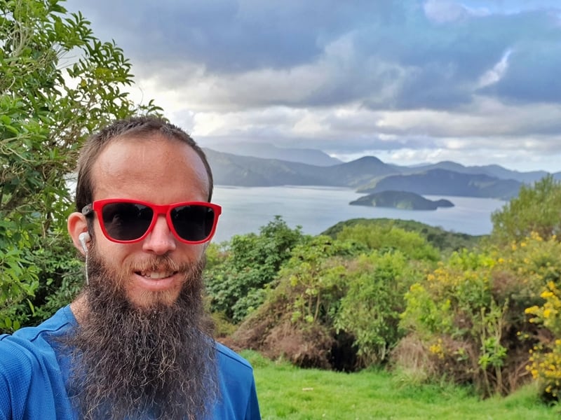selfie with queen charlotte sound in the background