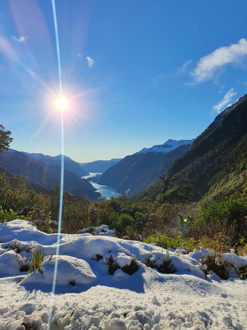 vertical photo of a view of doubtful sound from wilmot pass