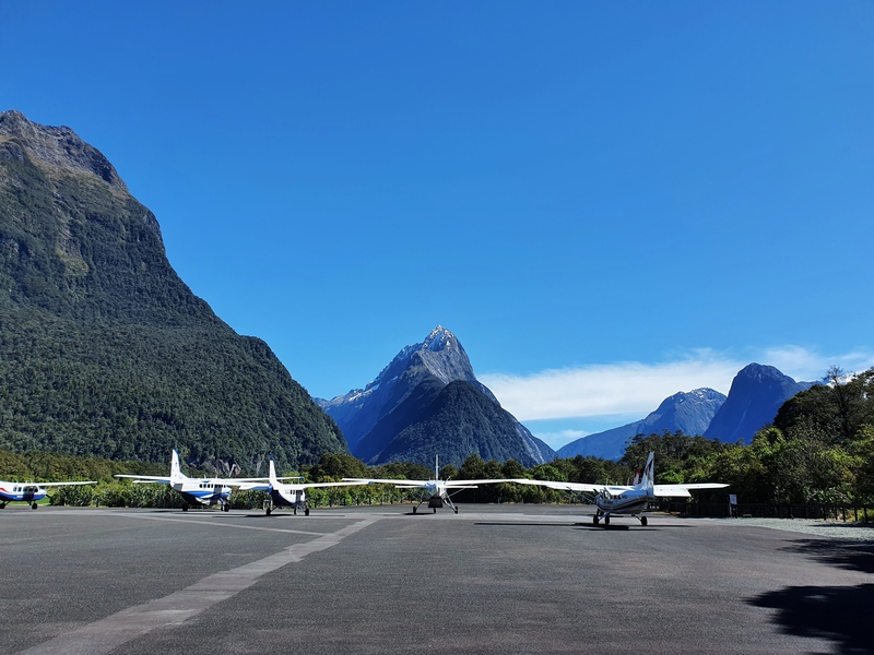 milford sound airport with mitre peak in the distance
