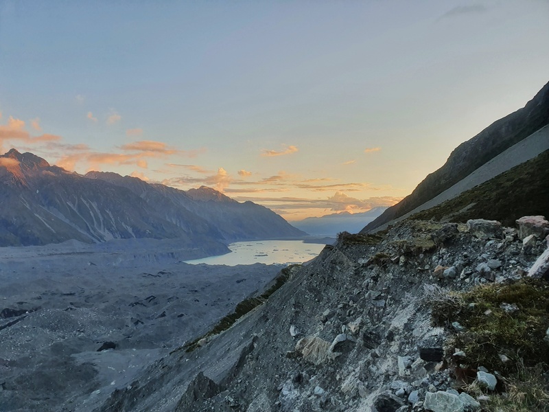 sunset over tasman lake from the ball hut route