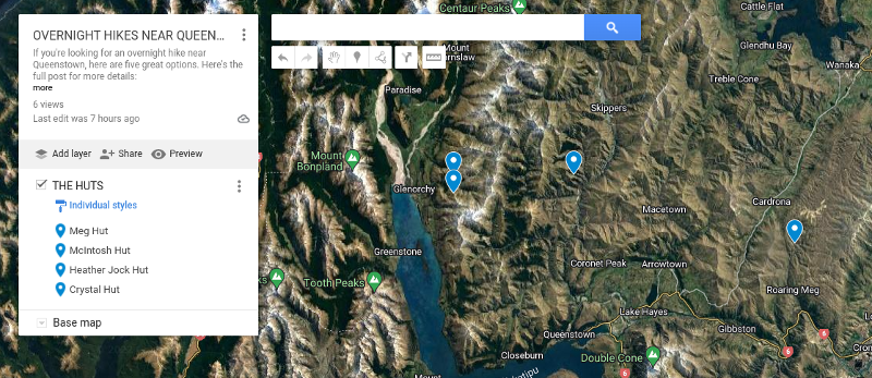 map of huts near queenstown