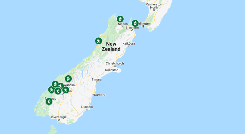 map of multi day hikes in the south island