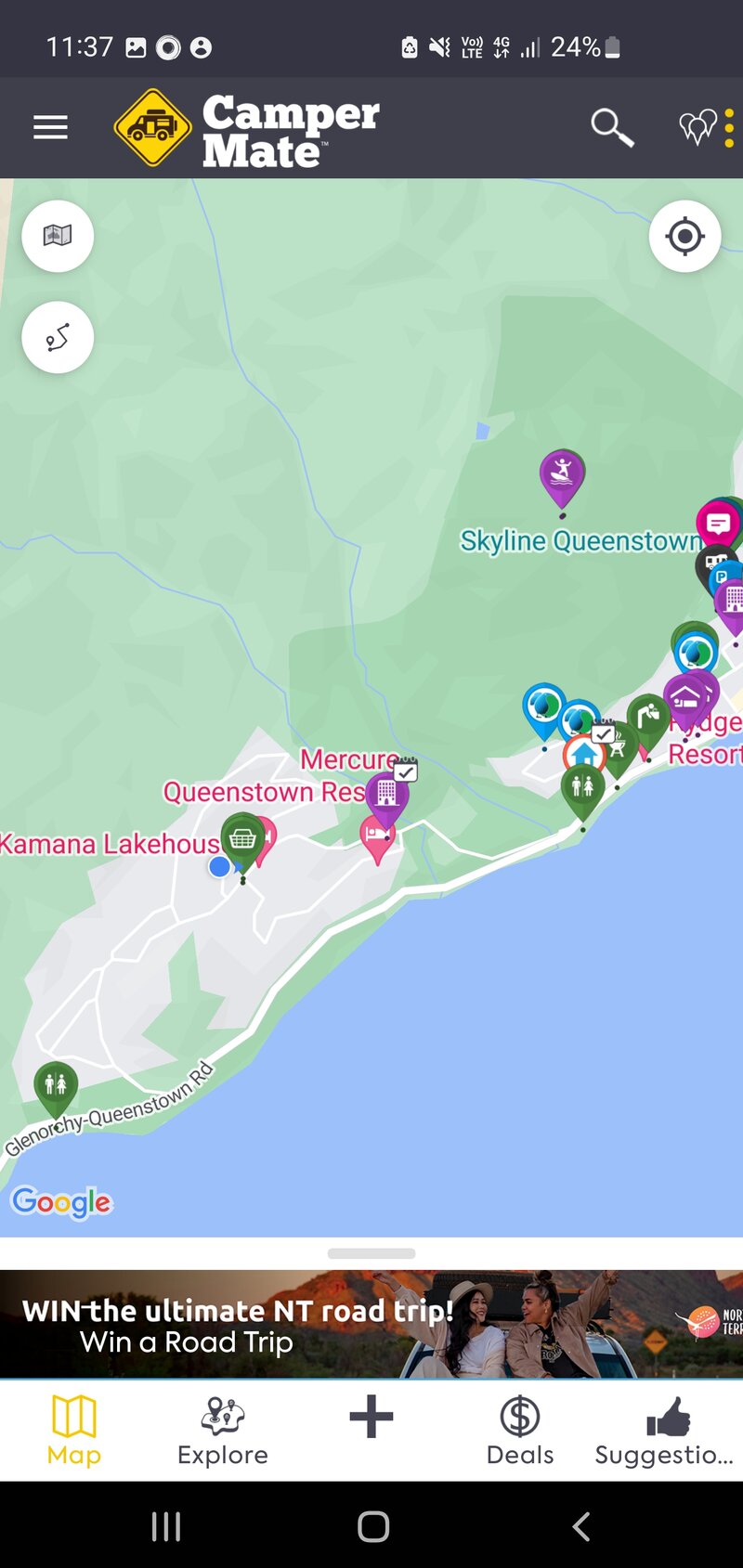 screenshot of a map with pins of it from the campermate app