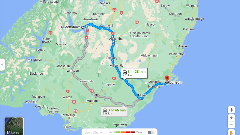 map outlining the optimal route between queenstown and dunedin