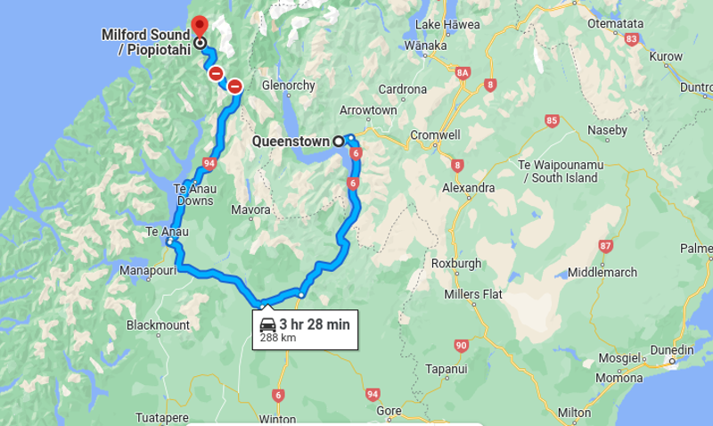 map of the queenstown to milford sound drive on google maps