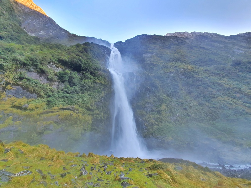 a view from the bottom of sutherland falls which is the highest waterfall on the south island