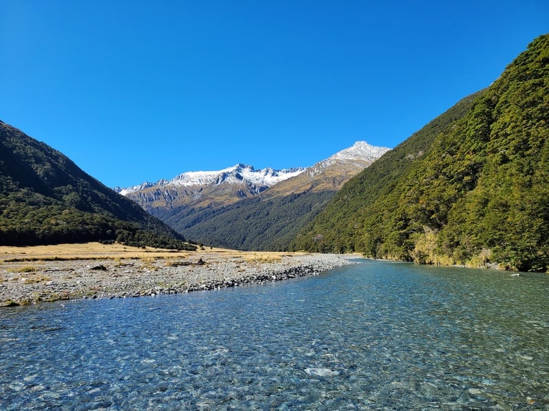 makarora river approaching the hut