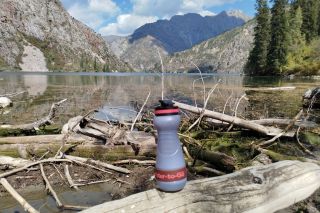 water to go bottle on a log in front of a lake with mountains in the background