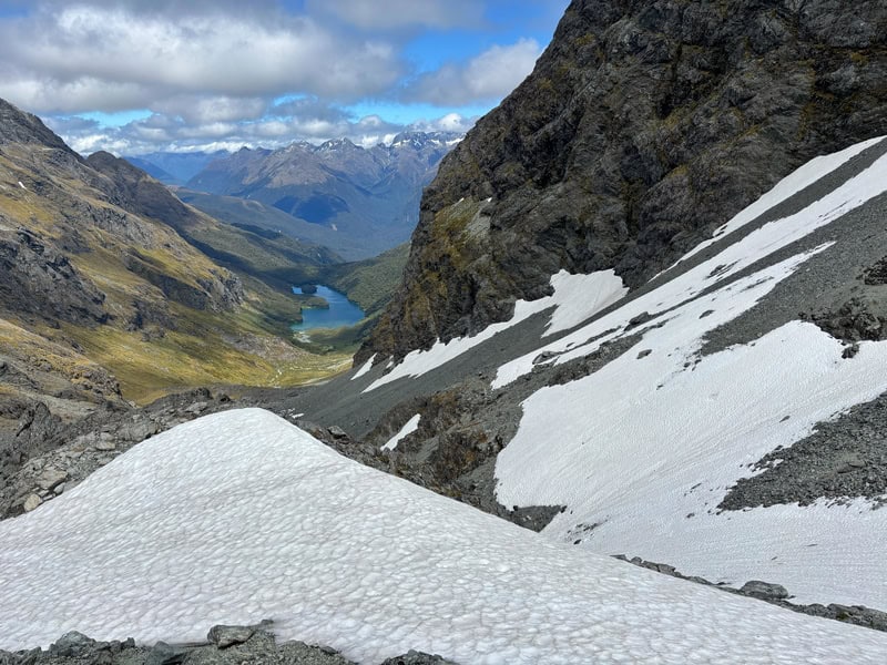 looking down from emily pass back towards lake mackenzie on the routeburn